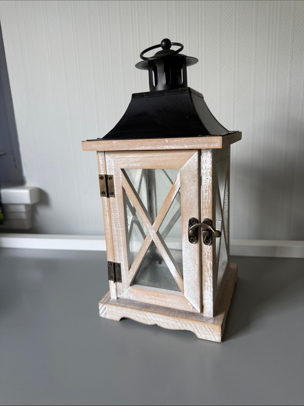 Distressed Wood & Metal Hurricane Pillar Candle Lantern White & Black 12" tall